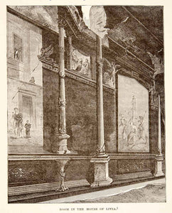 1890 Wood Engraving House Livia Interior Fresco Murals Archaeology Rome XHB2