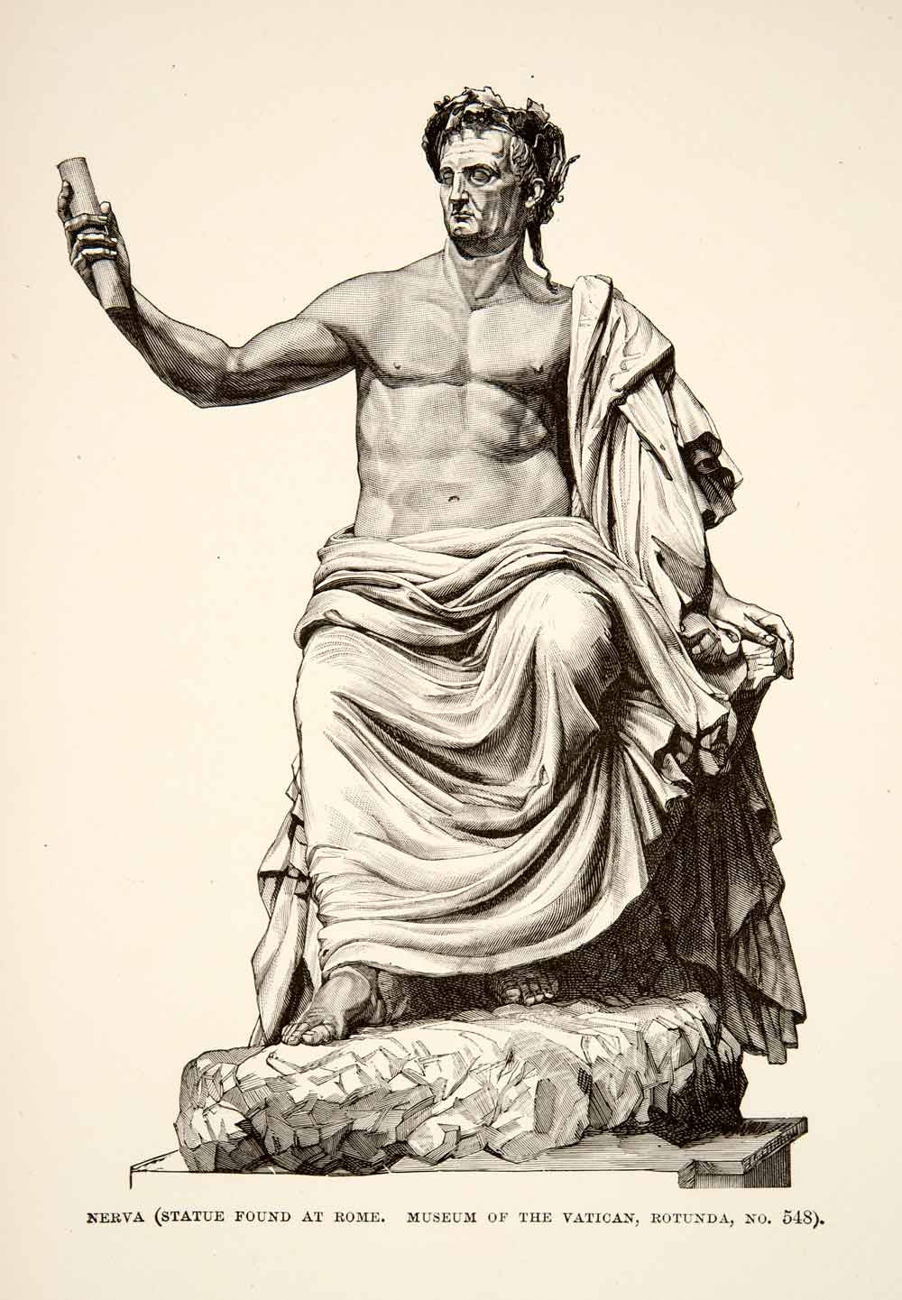 1890 Wood Engraving (Photoxylograph) Roman Emperor Nerva Statue Sculpture XHB3 - Period Paper
