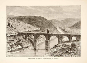 1890 Wood Engraving (Photoxylograph) Alcantara Bridge Tagus River Spain XHB3