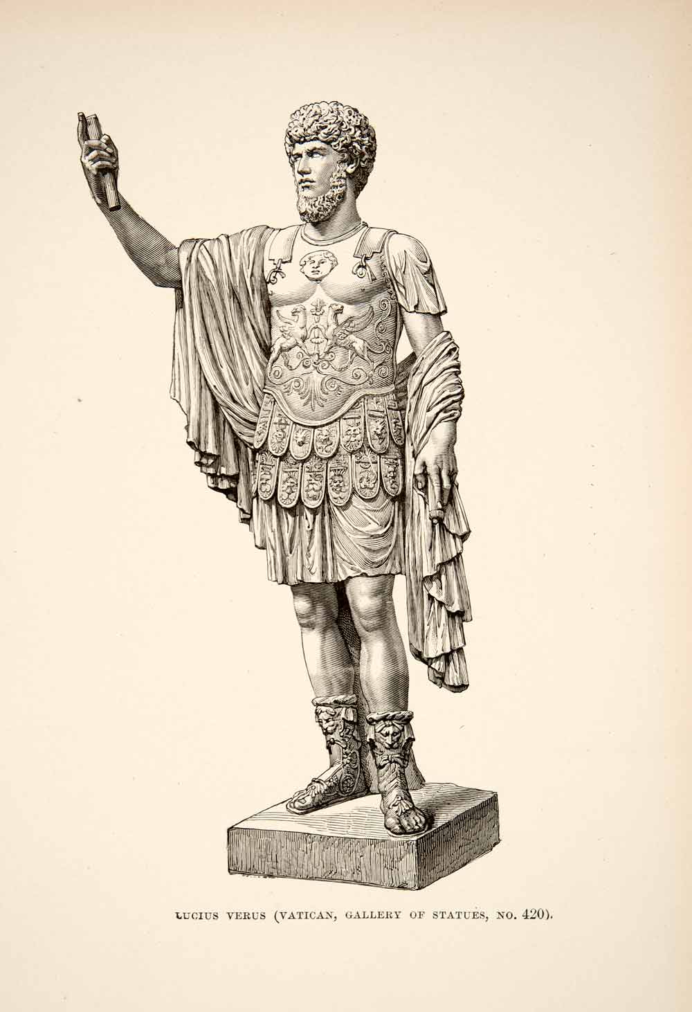 1890 Wood Engraving (Photoxylograph) Lucius Verus Roman Emperor Statue XHB3