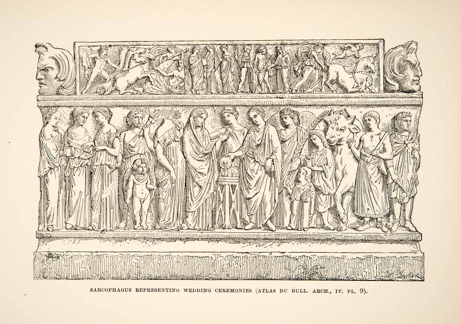 1890 Print Roman Sarcophagus Relief Sculpture Wedding Ceremony Archeology XHB3