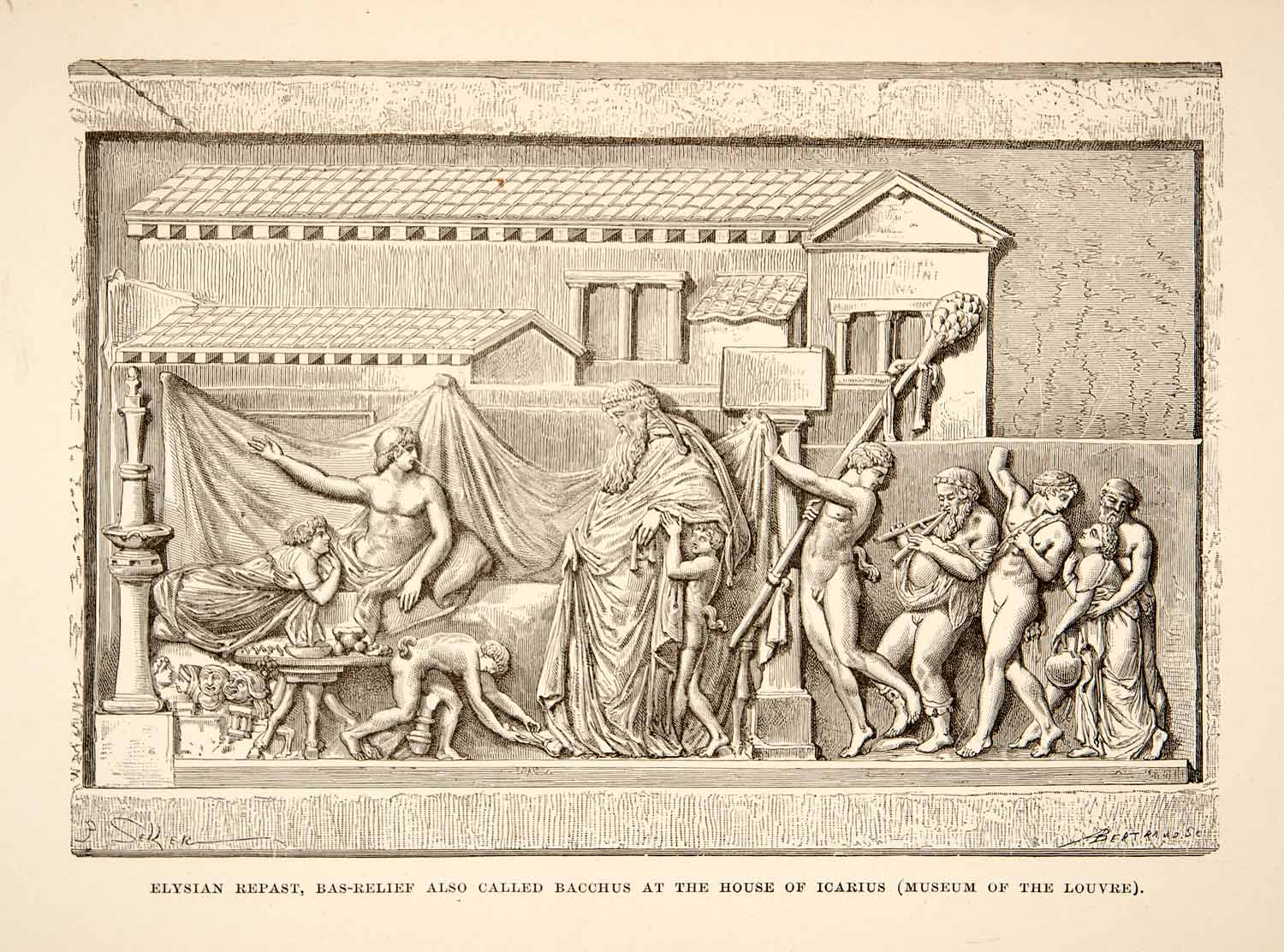 1890 Print Bacchus Icarius Elysian Repast Roman Mythology Relief Sculpture XHB3