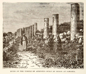 1890 Wood Engraving Ruin Temple Augustus Samaria Israel Herod Palestine XHB3