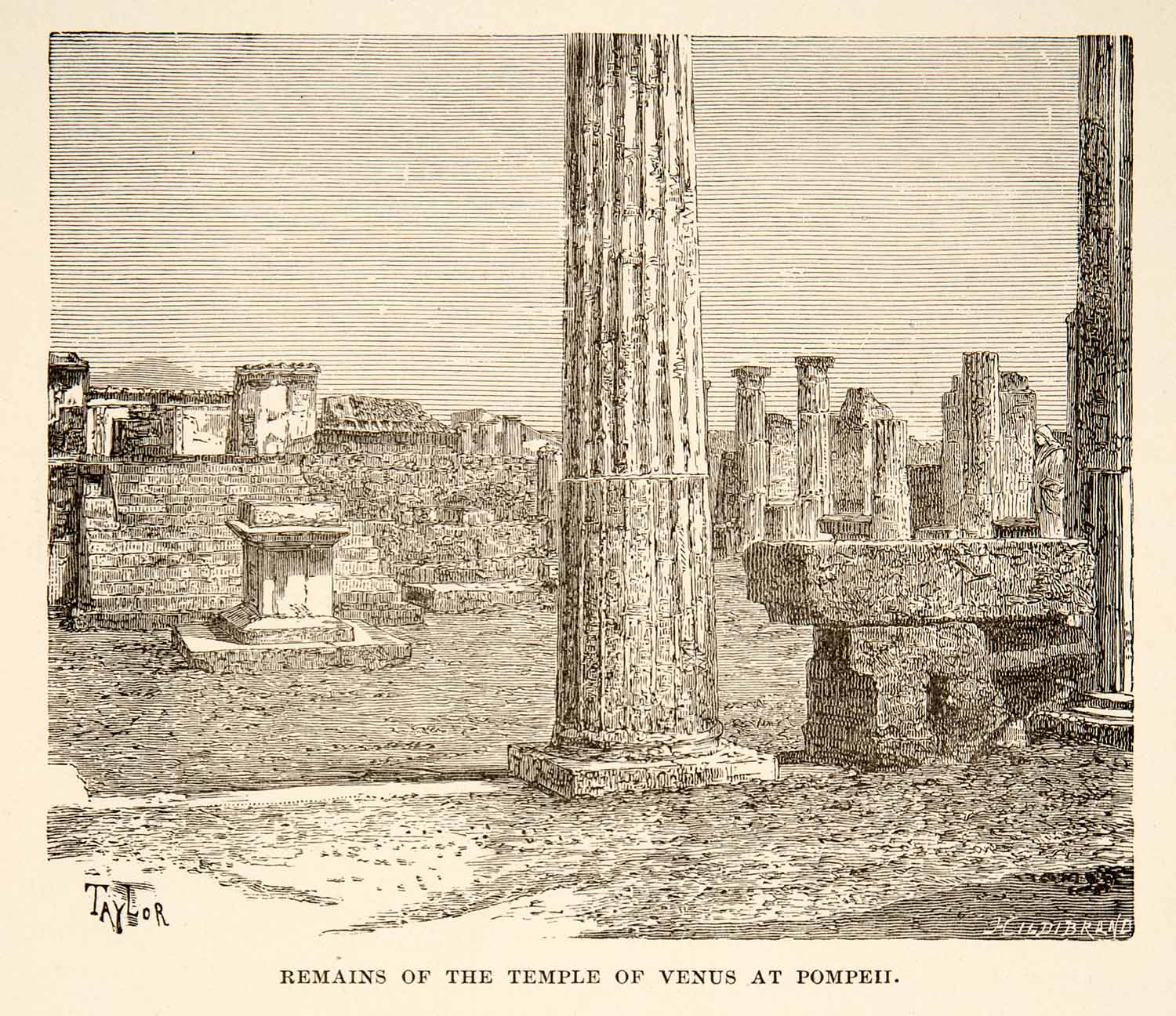 1890 Wood Engraving Temple Venus Pompeii Italy Ruin Archeology Column Roman XHB3