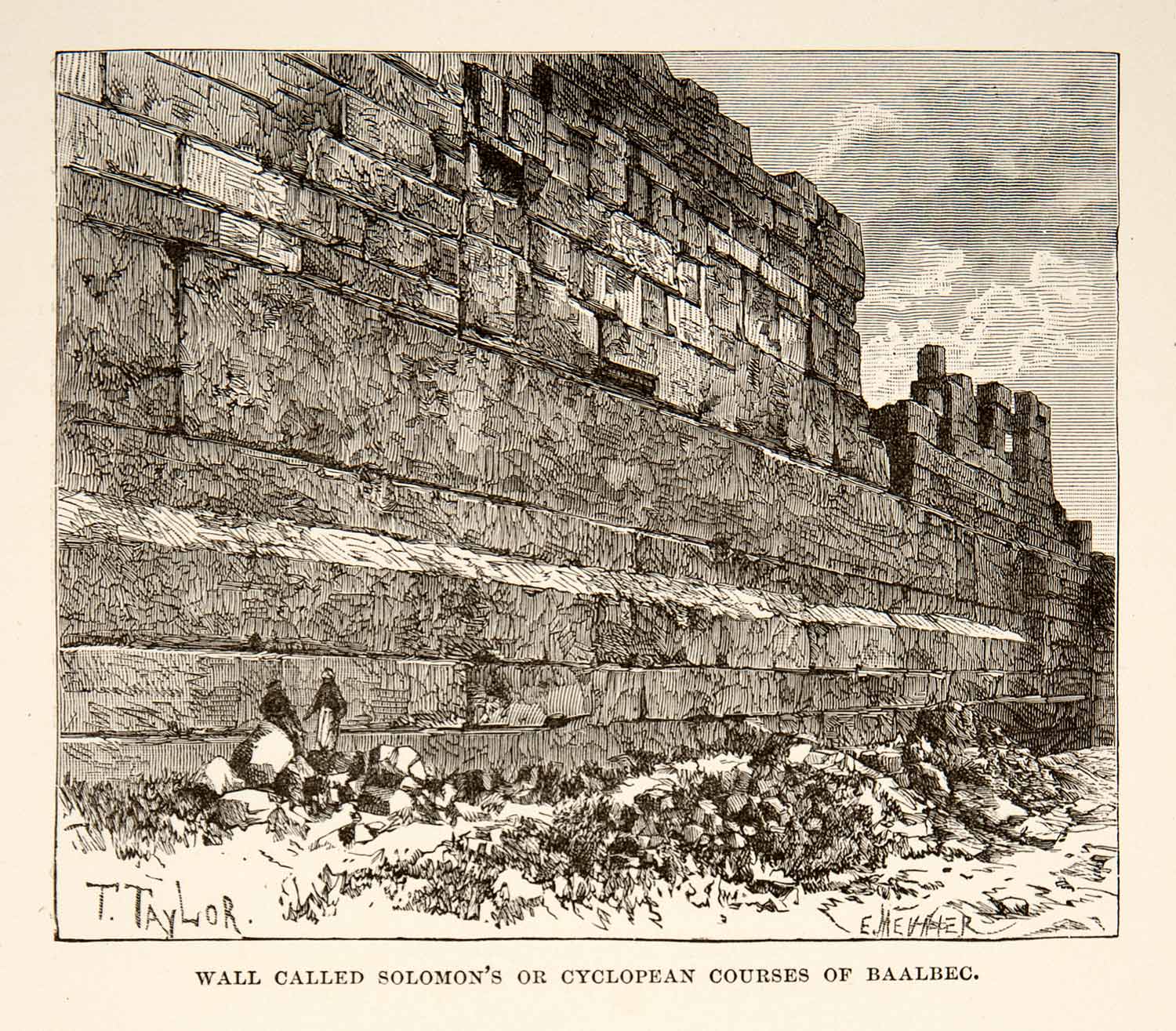 1890 Wood Engraving Baalbek Baalbec Lebanon Roman Ruins Archeology Wall XHB3