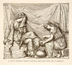 1890 Wood Engraving Relief Sculpture Roman Wife Bride Flammeum Veil Feet XHB3
