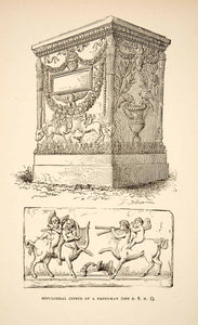 1890 Print Sepulchral Cippus Ancient Roman Freedman Centaur Harp Flute XHB3