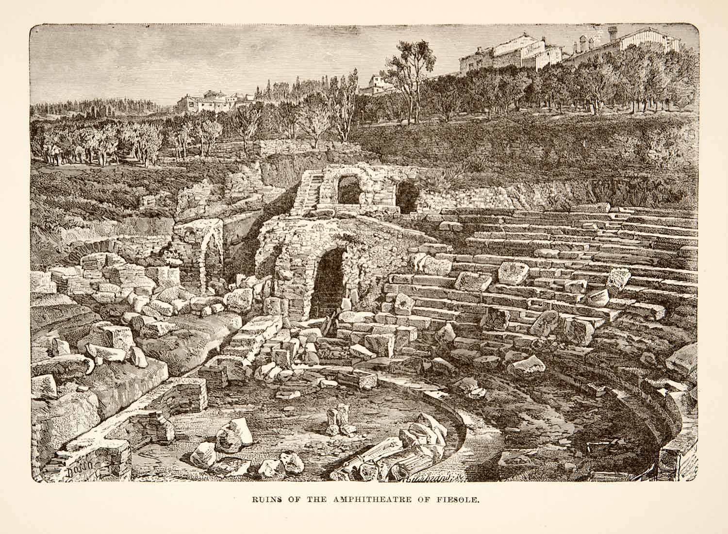 1890 Wood Engraving (Photoxylograph) Ruins Amphitheater Fiesole Italy Roman XHB3