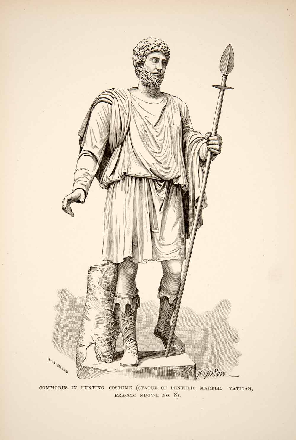 1890 Wood Engraving (Photoxylograph) Sculpture Hunting Roman Emperor XHB3