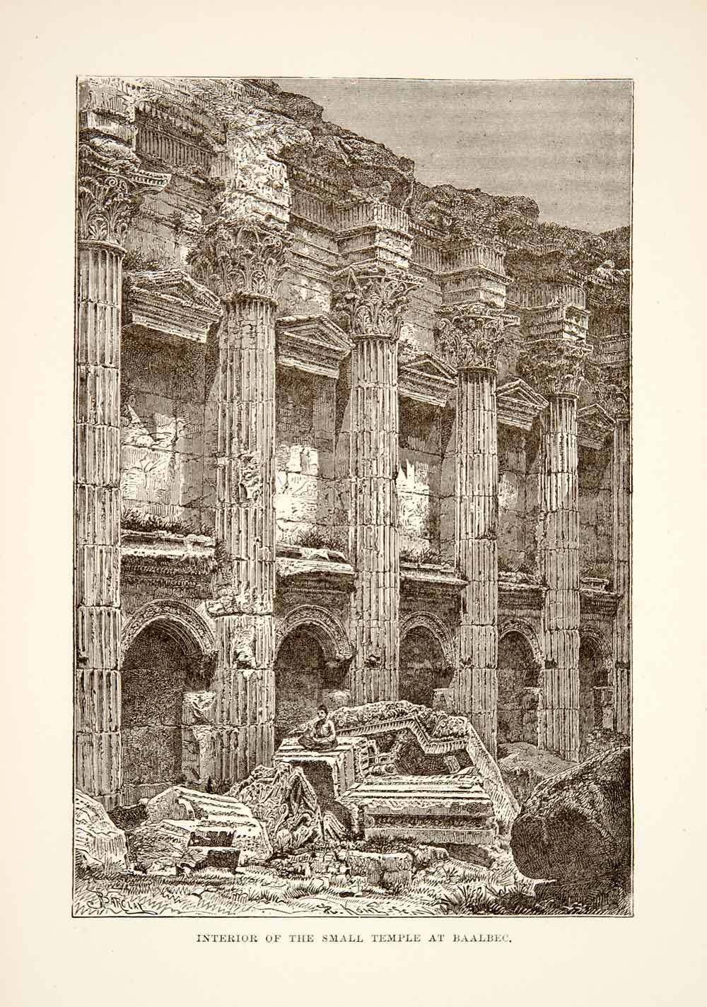 1890 Wood Engraving (Photoxylograph) Roman Temple Baalbek Baalbec Lebanon XHB3