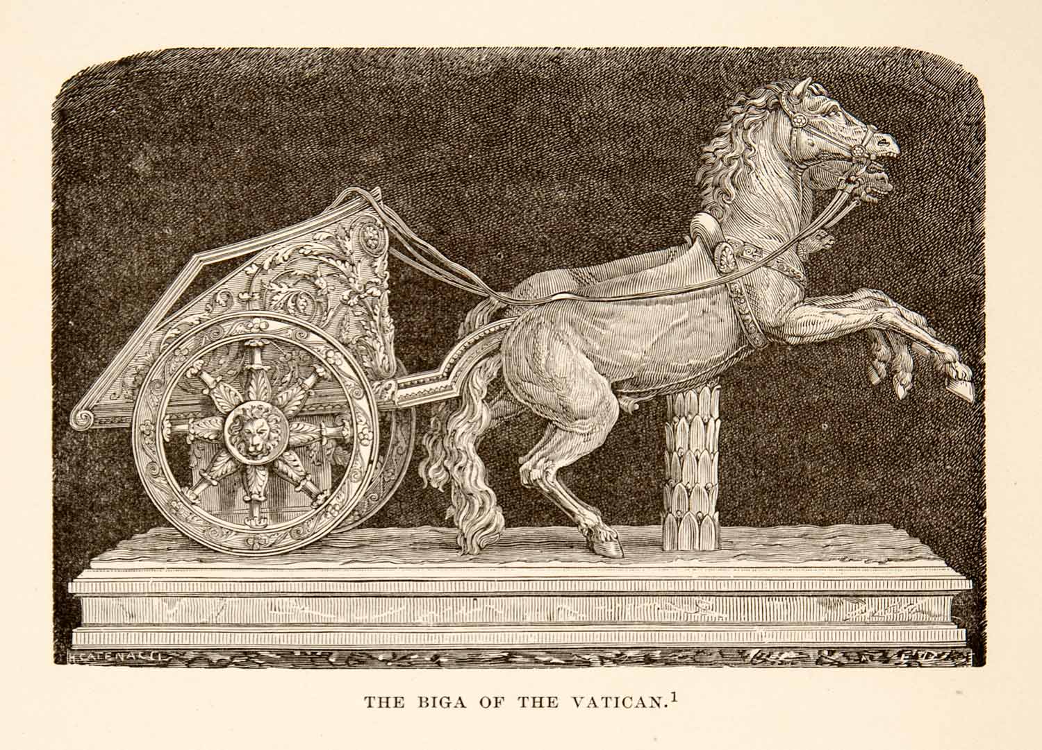 1890 Wood Engraving Biga Chariot Horses Sculpture Ancient Roman Franzoni XHB3