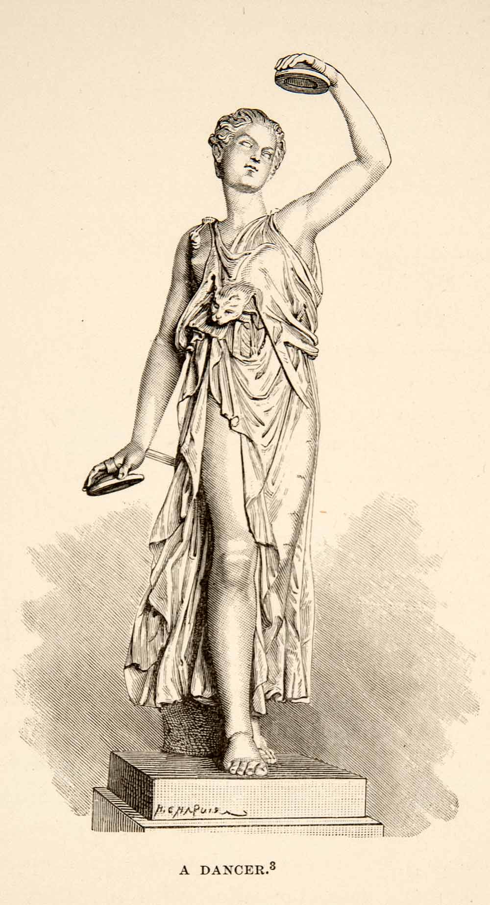 1890 Wood Engraving Ancient Roman Sculpture Dancer Cymbals Music Costume XHB3
