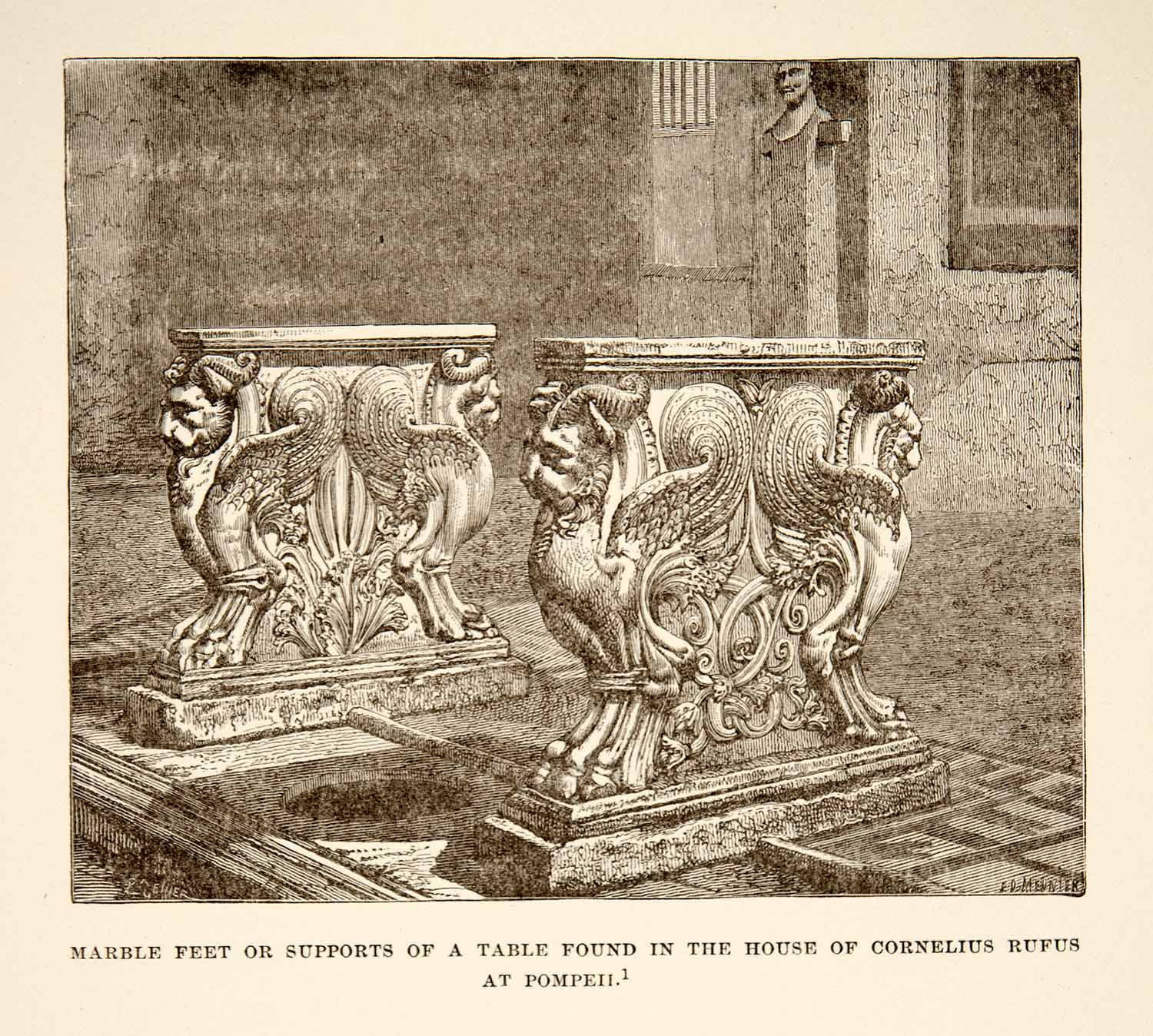 1890 Wood Engraving Pompeii Roman Marble Supports Table Cornelius Rufus XHB3