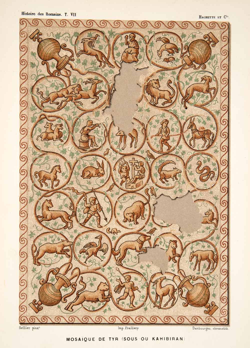 1890 Chromolithograph Ancient Roman Mosaic Remains Archeology Tyre Lebanon XHB3