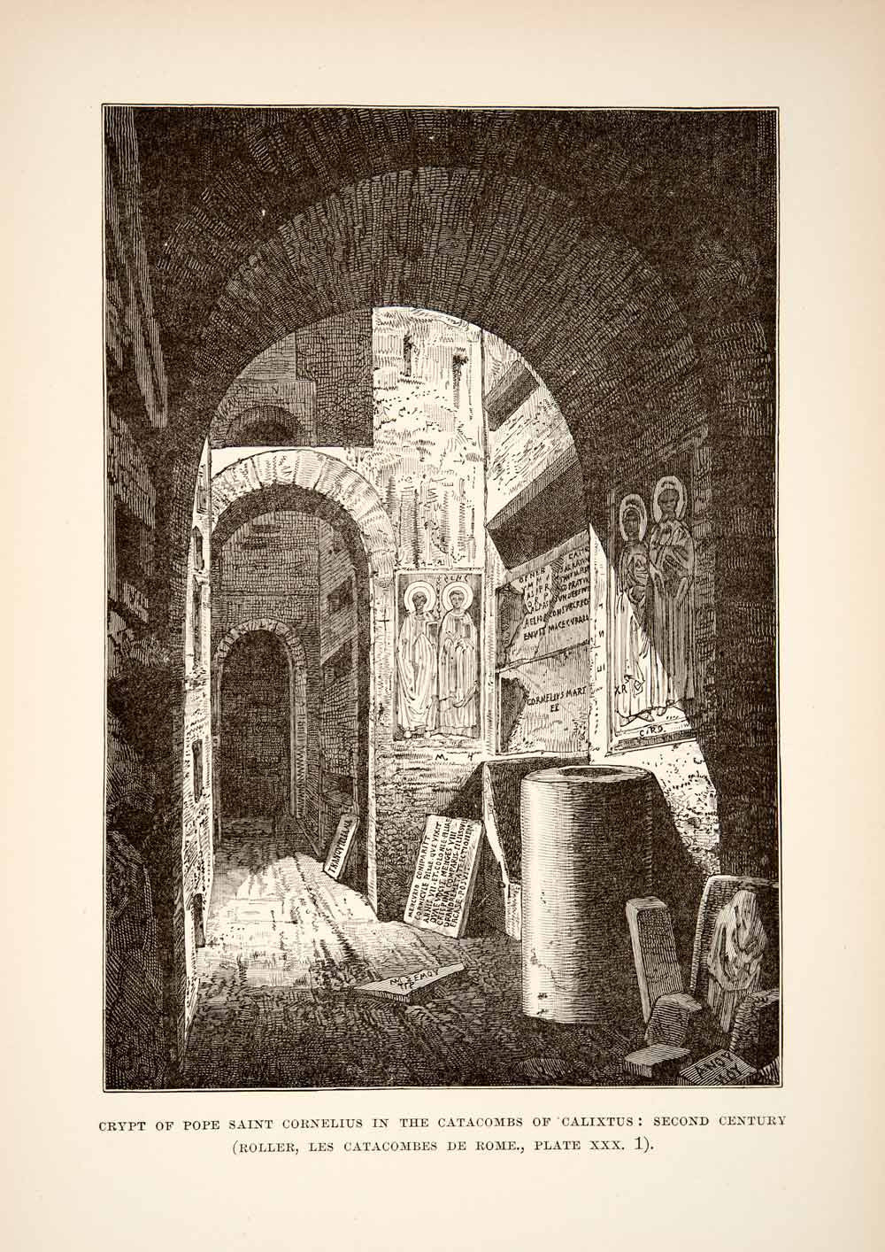 1890 Wood Engraving (Photoxylograph) Catacomb Tomb Crypt Cornelius XHB3 - Period Paper
