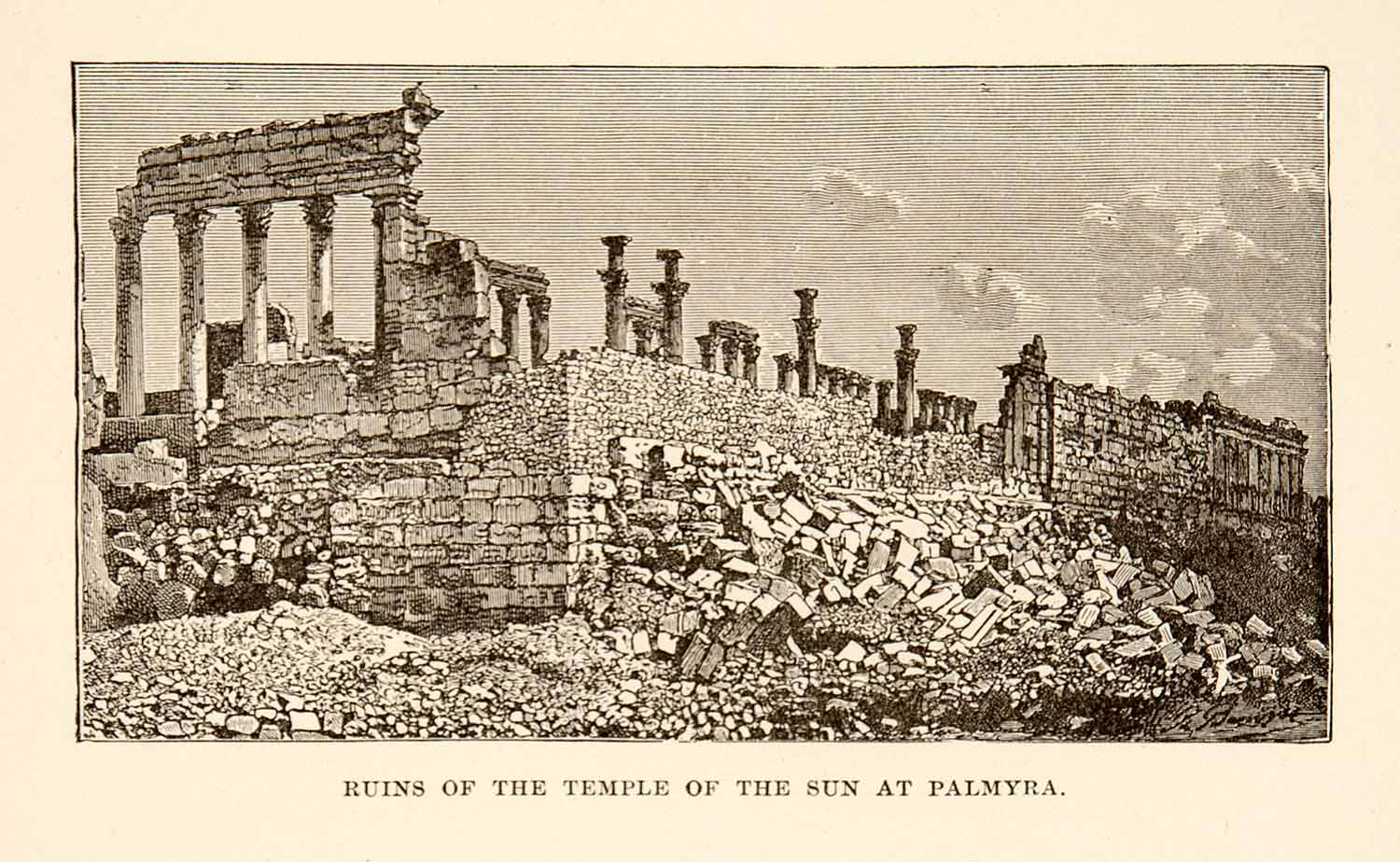 1890 Wood Engraving Temple Sun Palmyra Syria Archeology Roman Column Ruins XHB3