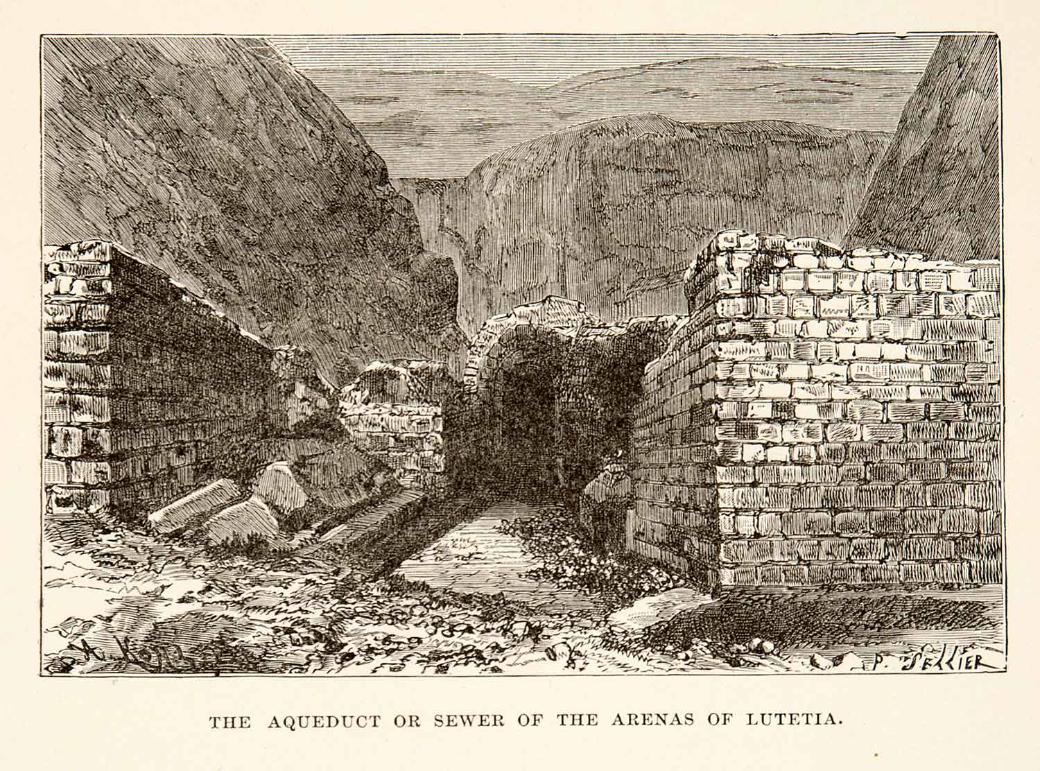 1890 Wood Engraving Aqueduct Sewer Roman Arena Lutetia Arenes Lutece XHB3