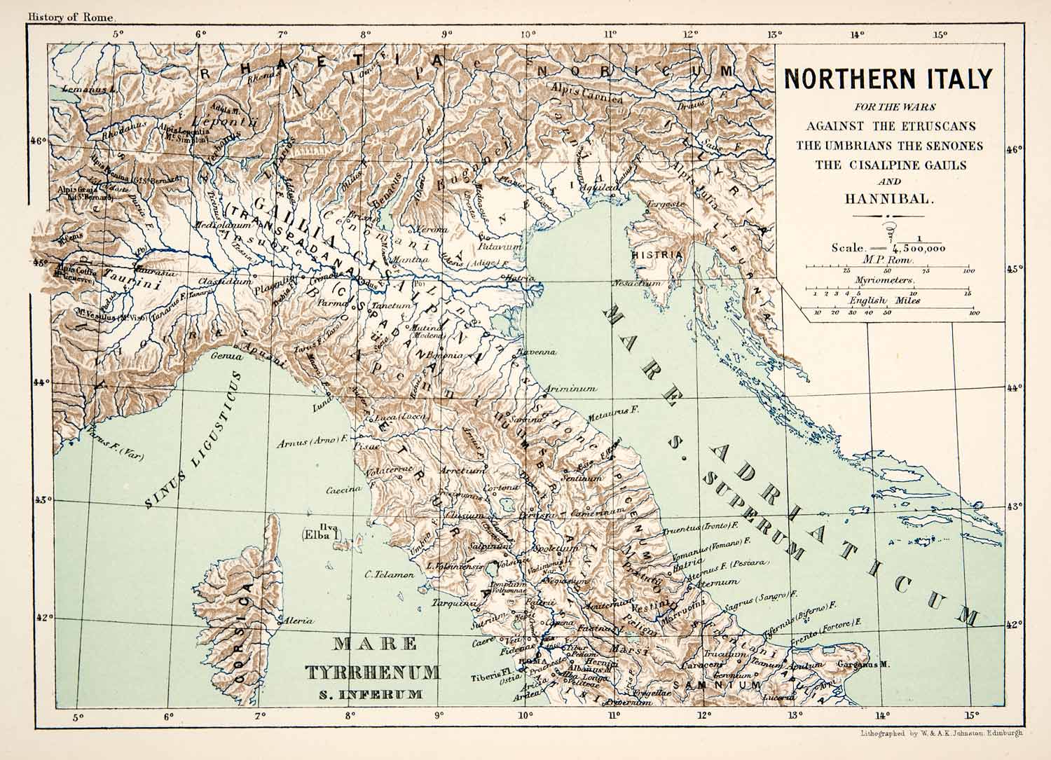 1890 Lithograph Map Northern Italy Hannibal Etruscan Umbro Cisalpine Gaul XHB4