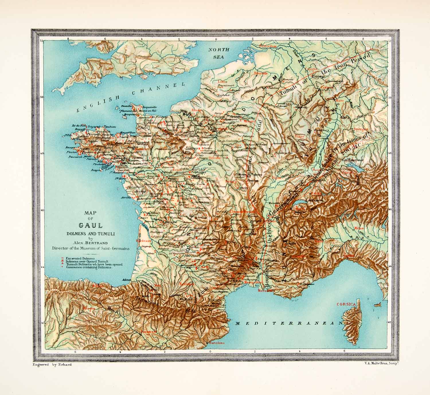 1890 Wood Engraved Physical Map Gaul Alex Bertrand Dolmen Tumuli Archeology XHB4