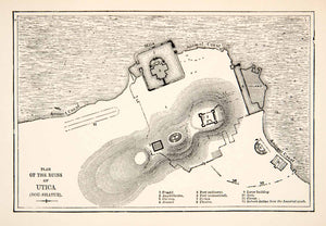 1895 Print Map Plan Ruins Utica Ampitheatre Port Island Coast Mole Cistern XHB5