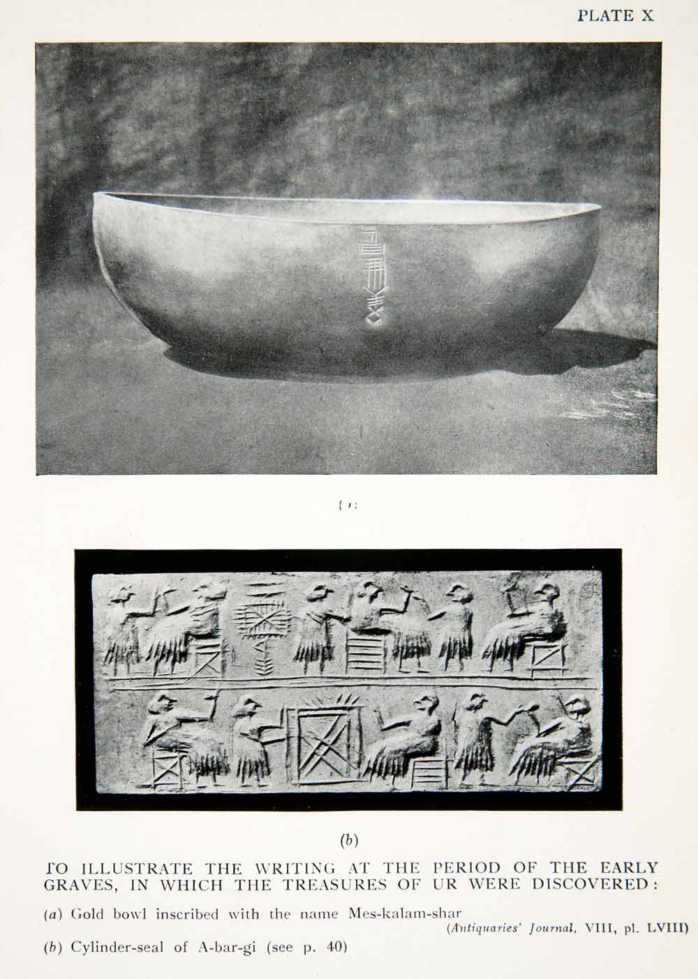 1929 Print Gold Bowl Mes-kalam-shar Cylinder Seal A-bar-gi Ancient Culture XHB6