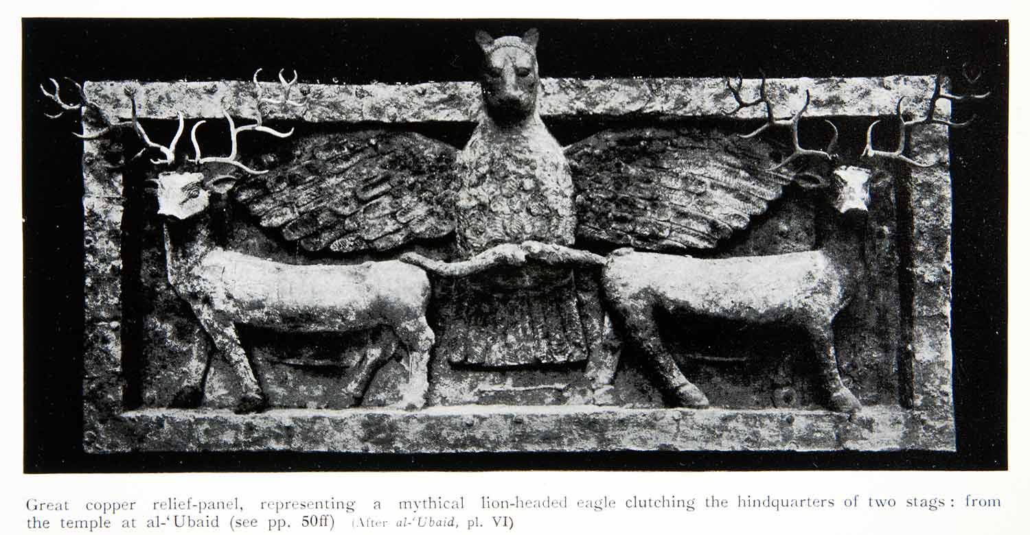 1929 Print Copper Relief Sculpture Panel Mythical Lion-Head Eagle Deer XHB6