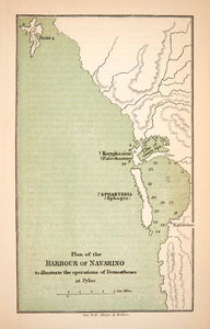 1876 Print Map Harbor Navarino Demosthenes Greece Italy Peloponesian War XHB8