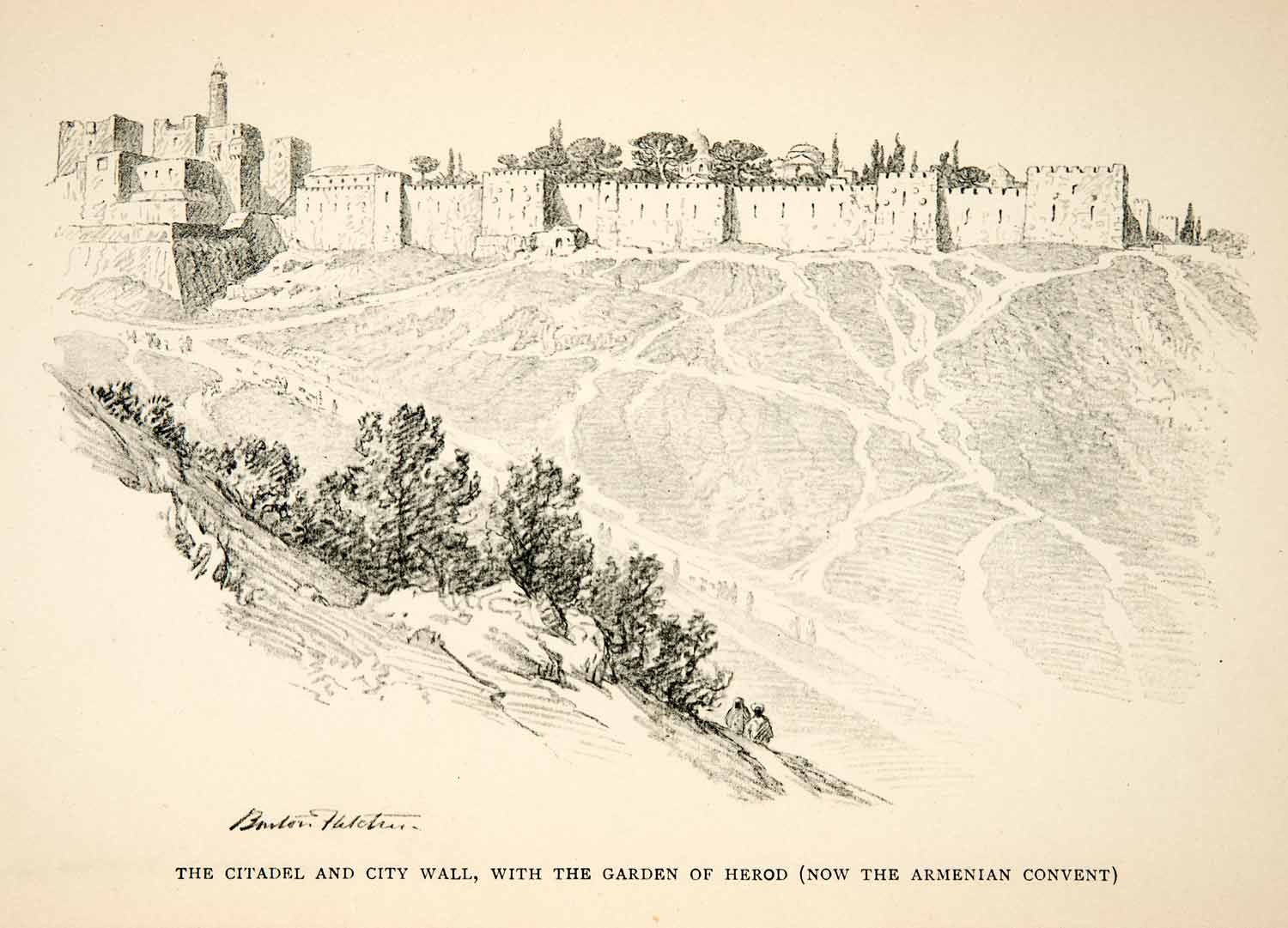 1924 Print Cityscape Citadel Garden Herod Jerusalem Medieval Benton XHC3