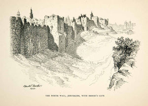 1924 Print Herods Gate Jerusalem Israel Cityscape Medieval Wall Benton XHC3