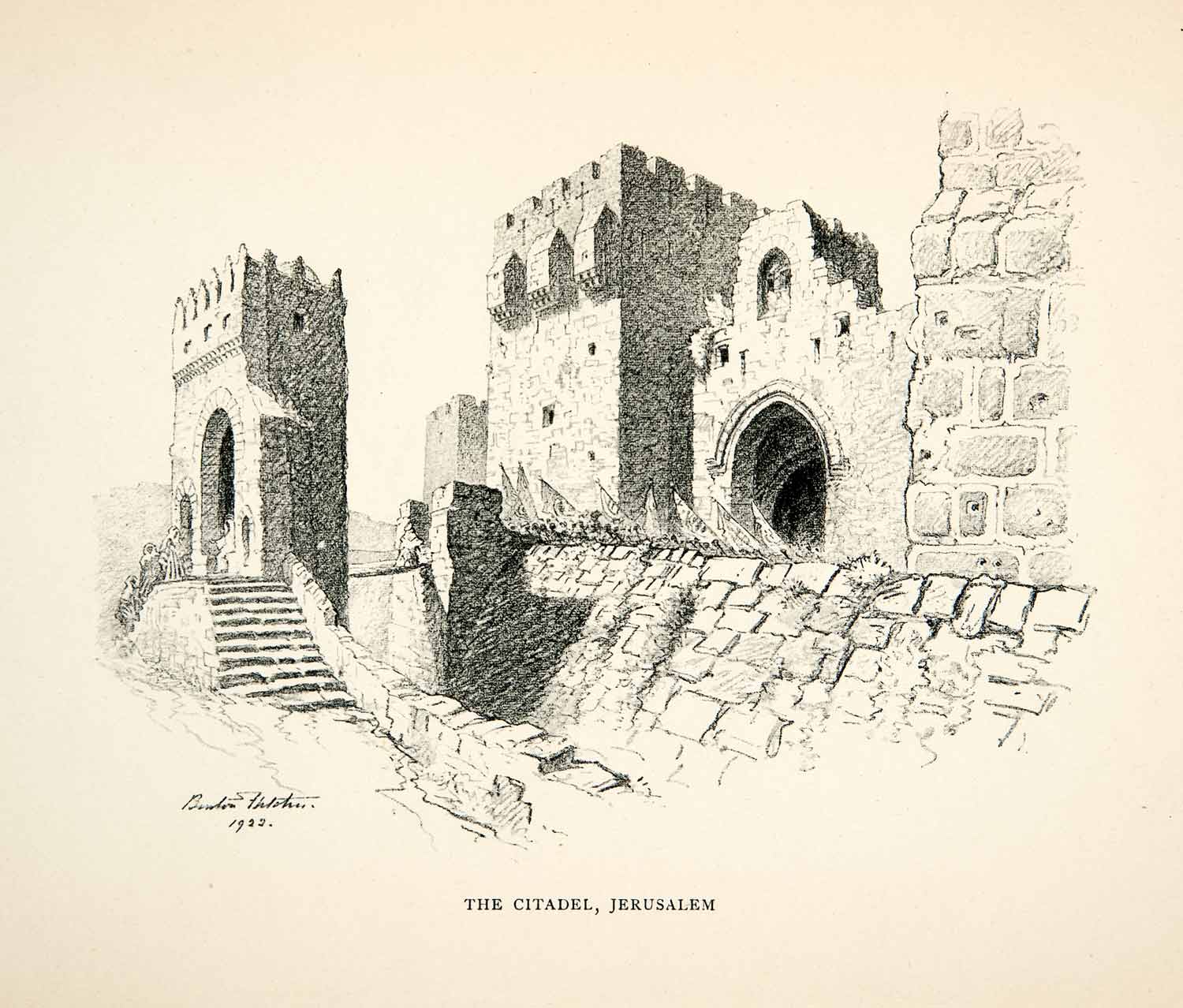 1924 Print Citadel Jerusalem Architecture Historic Tower David Benton XHC3