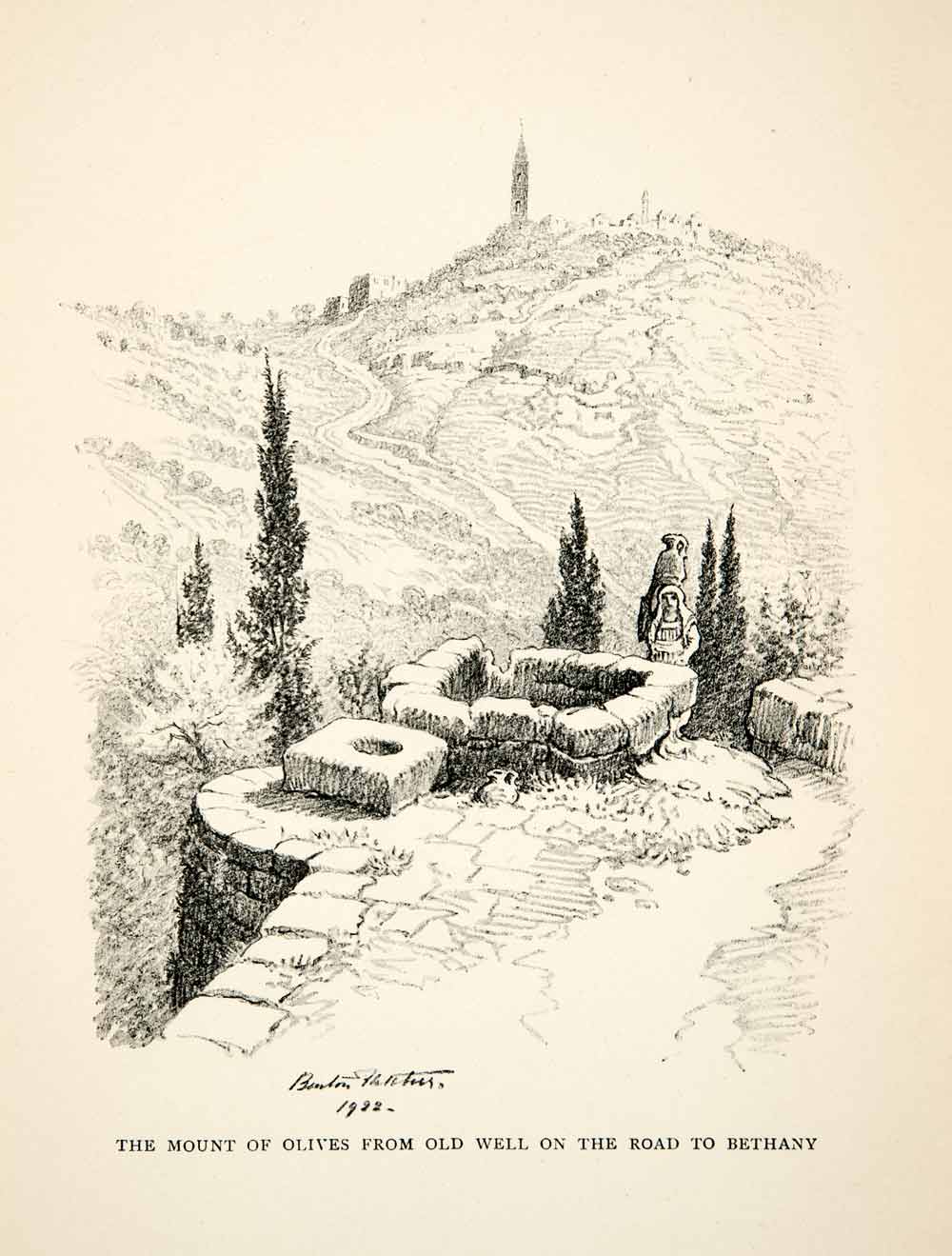 1924 Print Mount Olives Water Well Bethany Jerusalem Israel Benton Fletcher XHC3