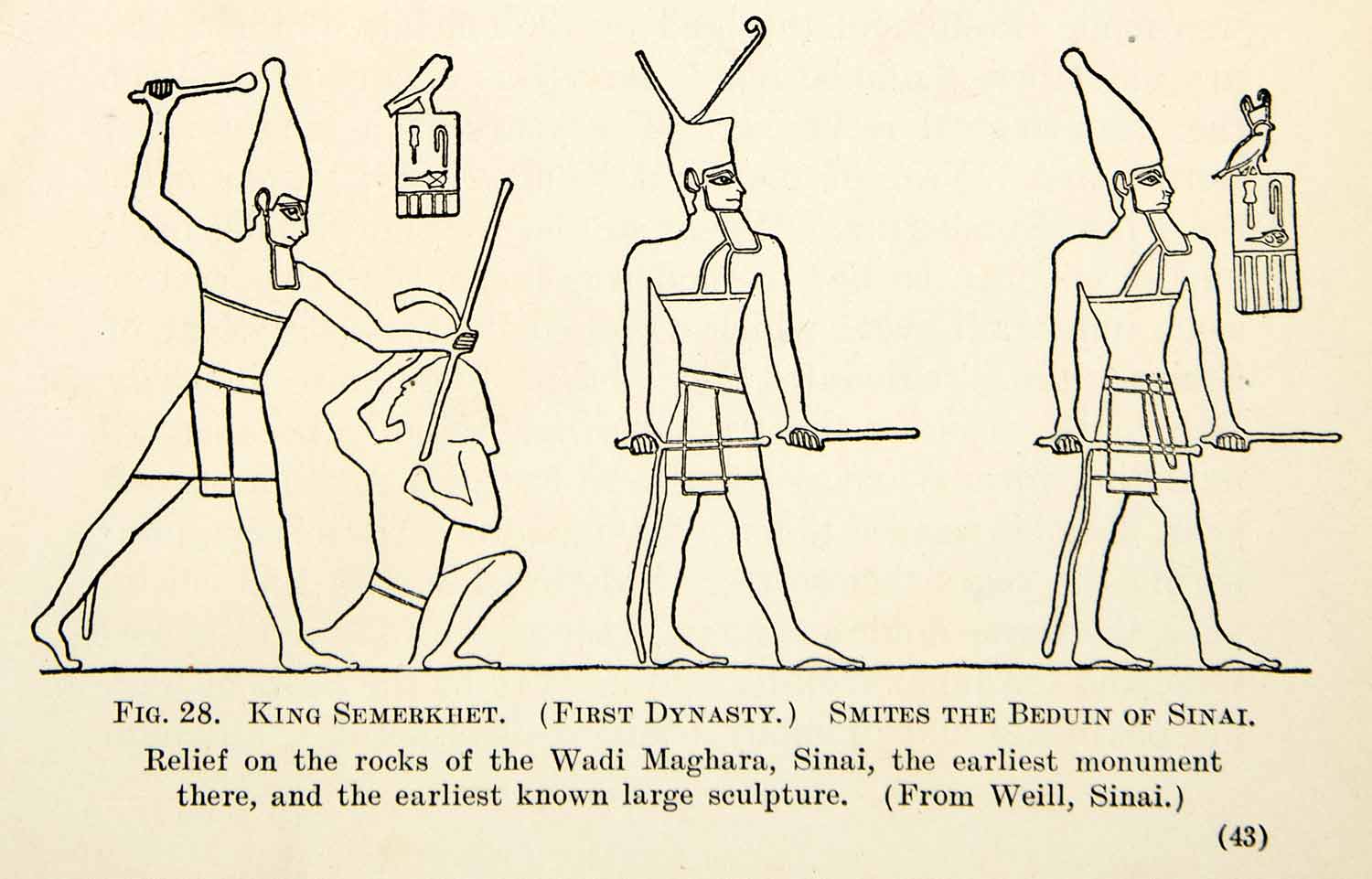 1909 Print Pharaoh Semerkhet Smite Bedouin Sinai Wadi Maghara Archeological XHC8
