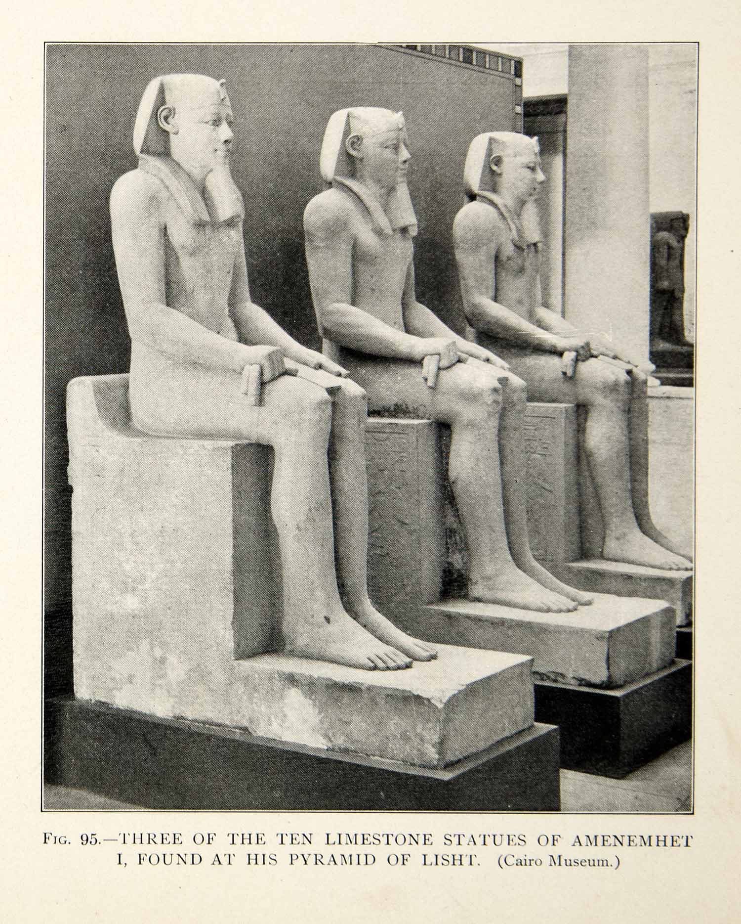 1909 Print Limestone Statue Amenemhet I Seated Egyptian Pharaoh Three Lisht XHC8
