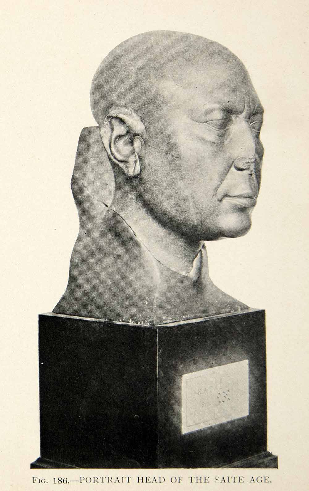 1909 Print Saite Age Bust Statue Sculpture Basalt Stone Head Egyptian XHC8