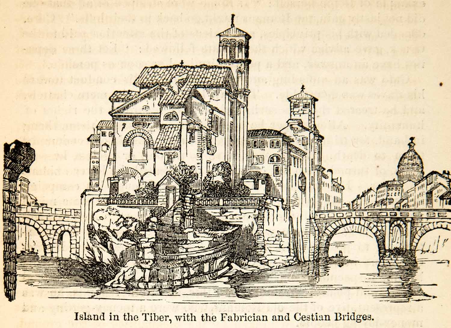 1875 Wood Engraving Istanbul Tiber River Fabrician Cestian Bridges XHD3