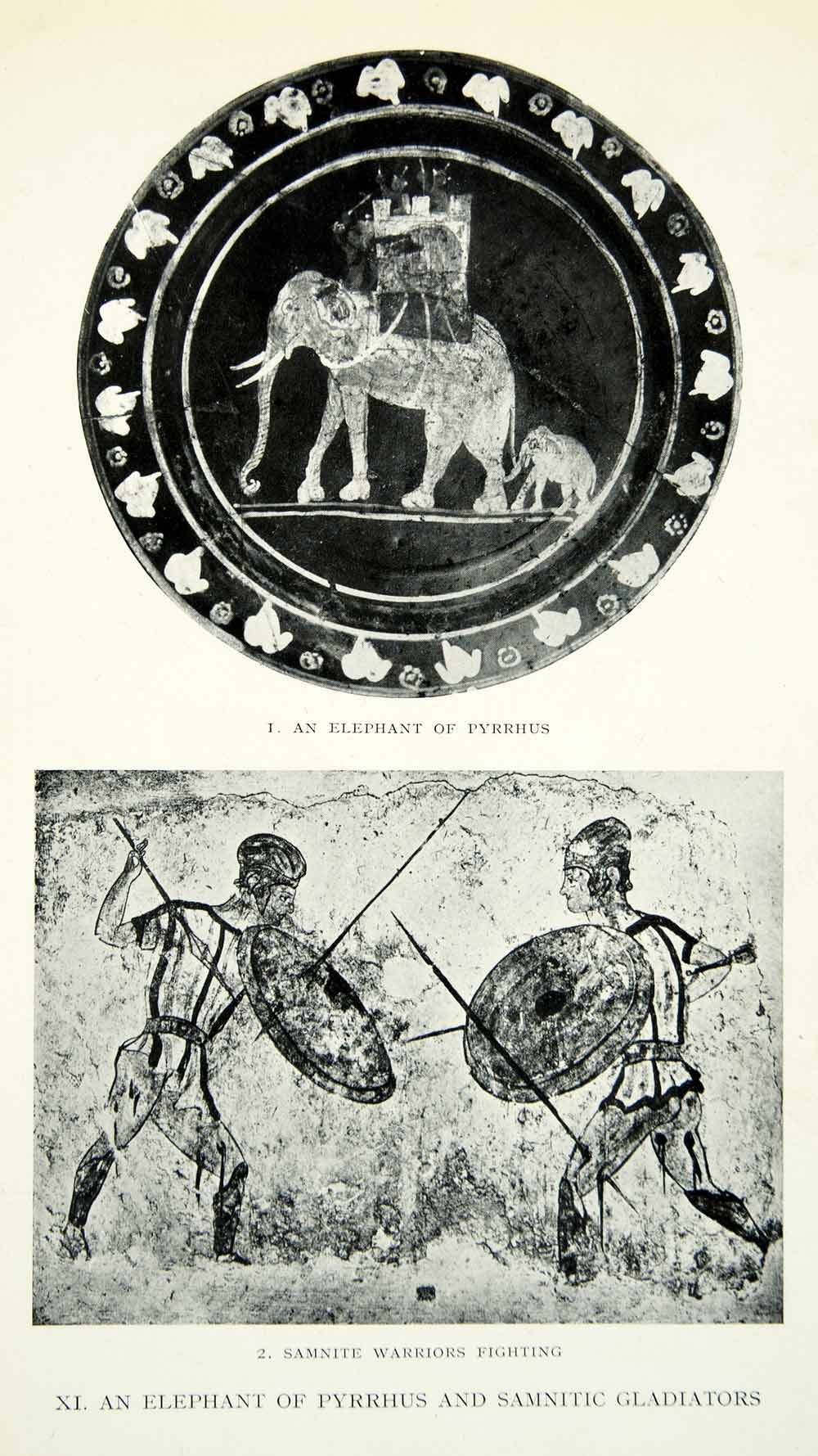 1927 Print War Elephant Clay Dish Samnite Gladiator Mural Hellenistic XHE5