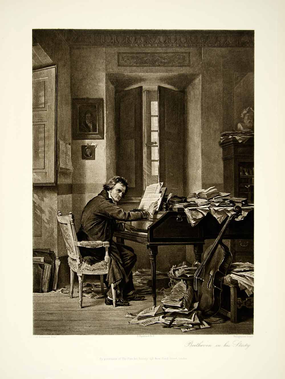 1895 Photogravure Carl Schloesser Beethoven in His Study Composer Piano Music