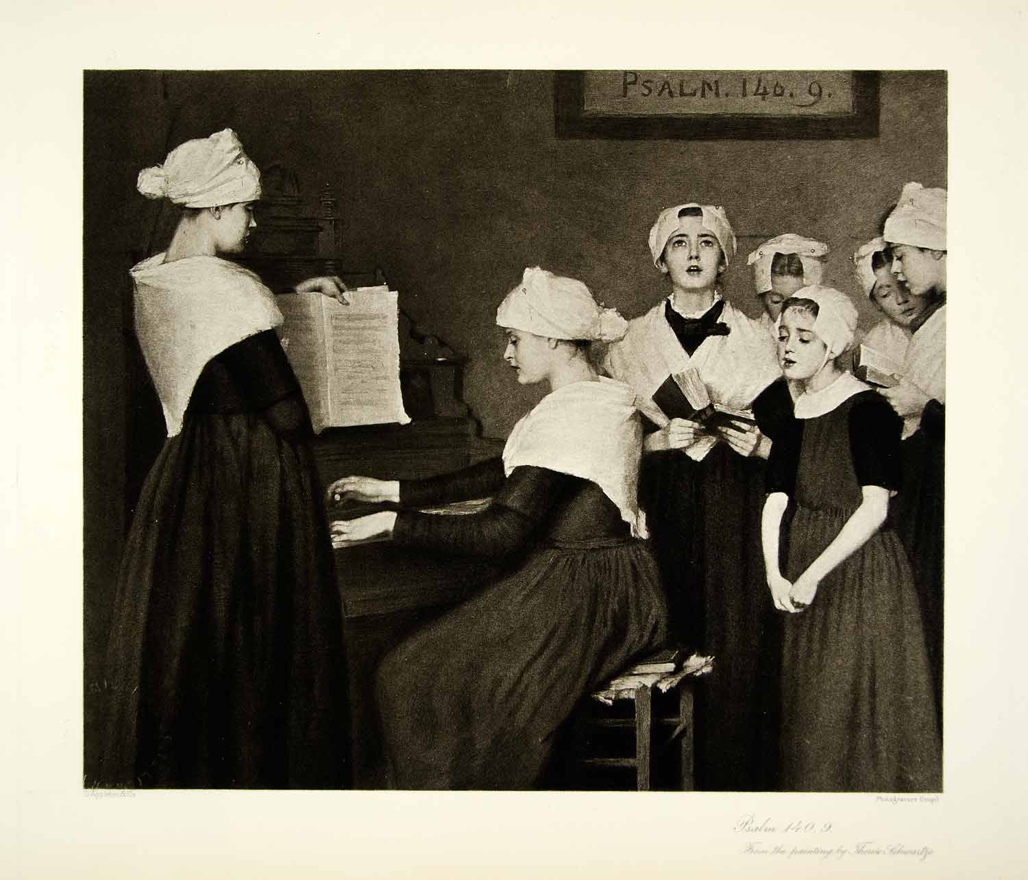 1895 Photogravure Therese Schwartze Art Psalm 140 Piano Religious Music Girls