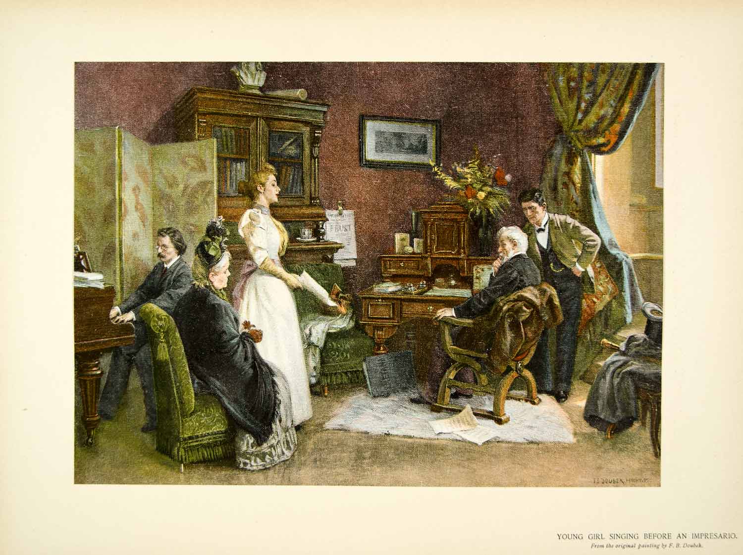 1895 Typogravure F.B. Doubek Art Young Girl Singing Before an Impresario Singer