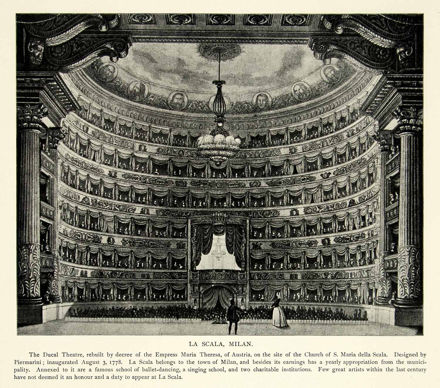 1895 Print La Scala Opera House Interior Ducal Theatre Milan Italy