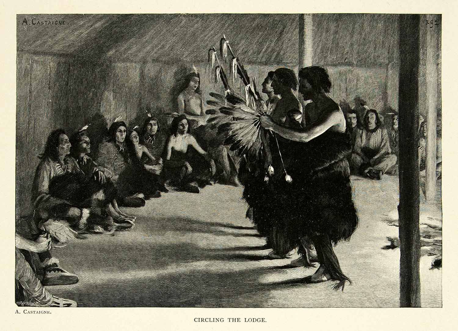 1895 Wood Engraving Andre Castaigne Circling the Lodge Native American Dance Art