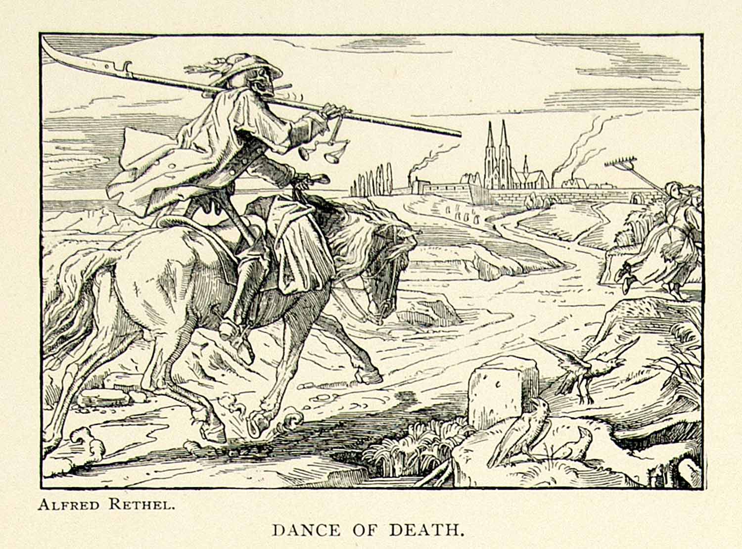 1895 Print Alfred Rethel Medieval Dance of Death Horse Bubonic Plague Skeleton