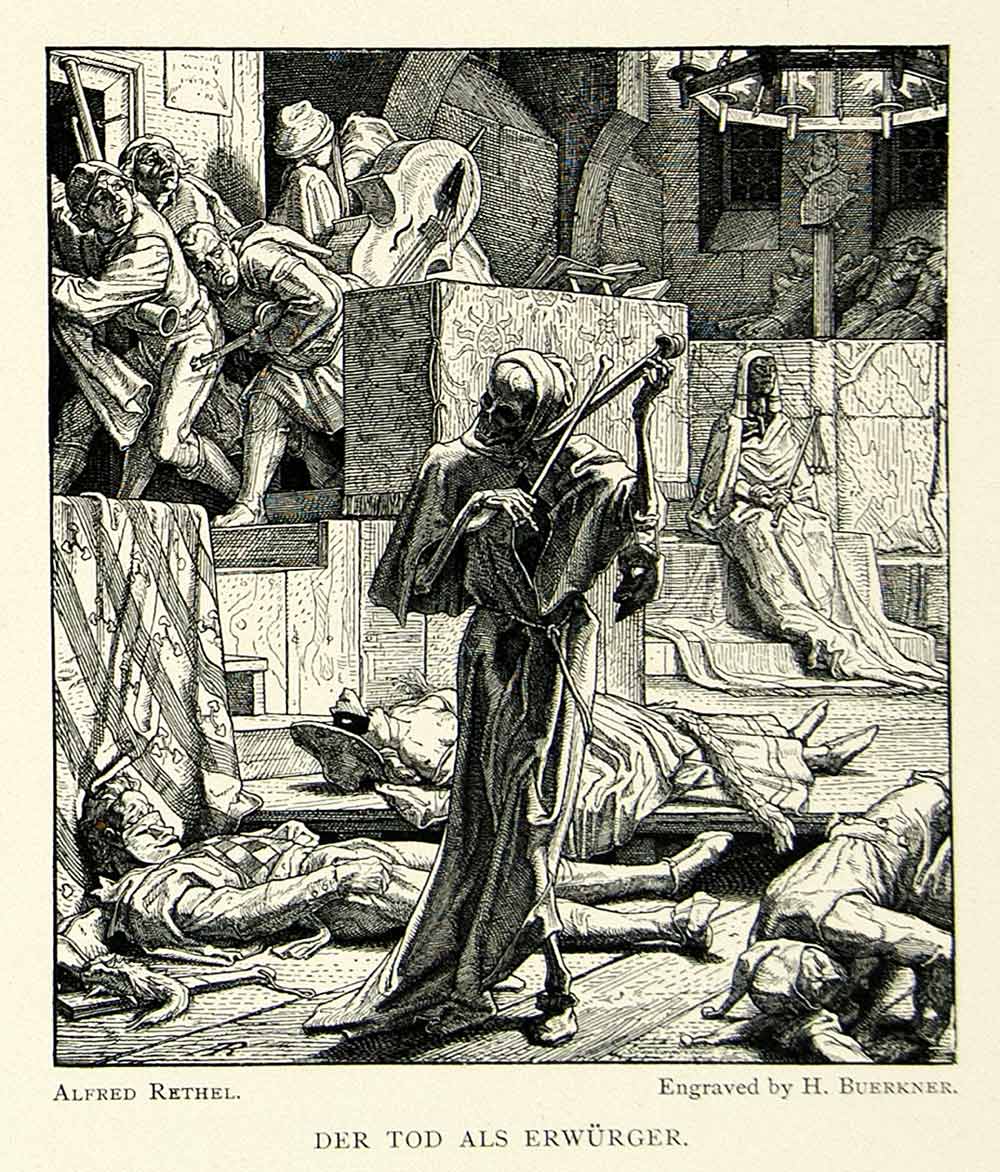 1895 Print Alfred Rethel Der Tod Als Erwurger Medieval Art Death Music Skeleton