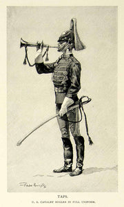 1895 Wood Engraving Frederic Remington U.S. Cavalry Bugler Taps Military Music