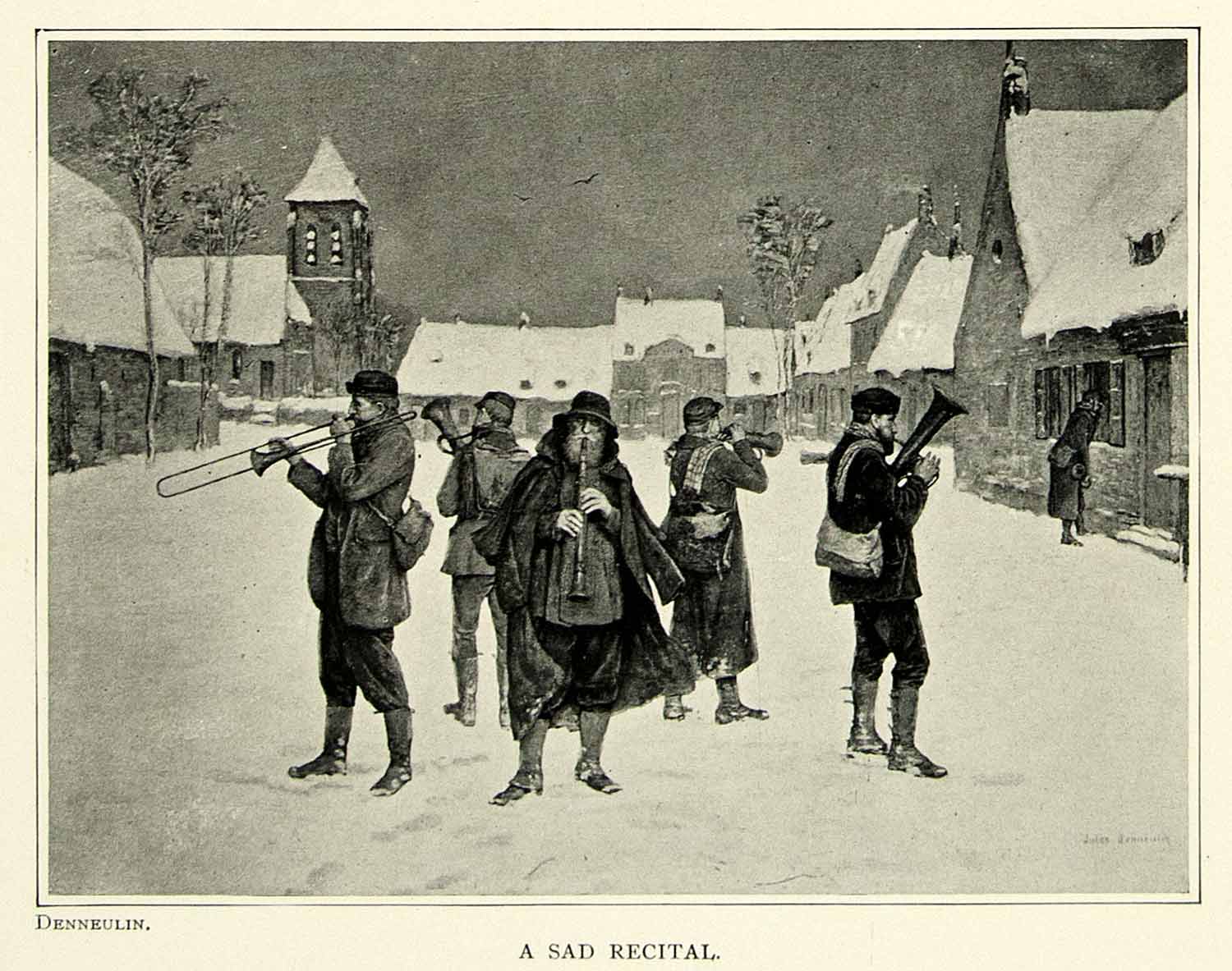 1895 Print Jules Denneulin Art Sad Recital Villiage Band Music Instruments Snow