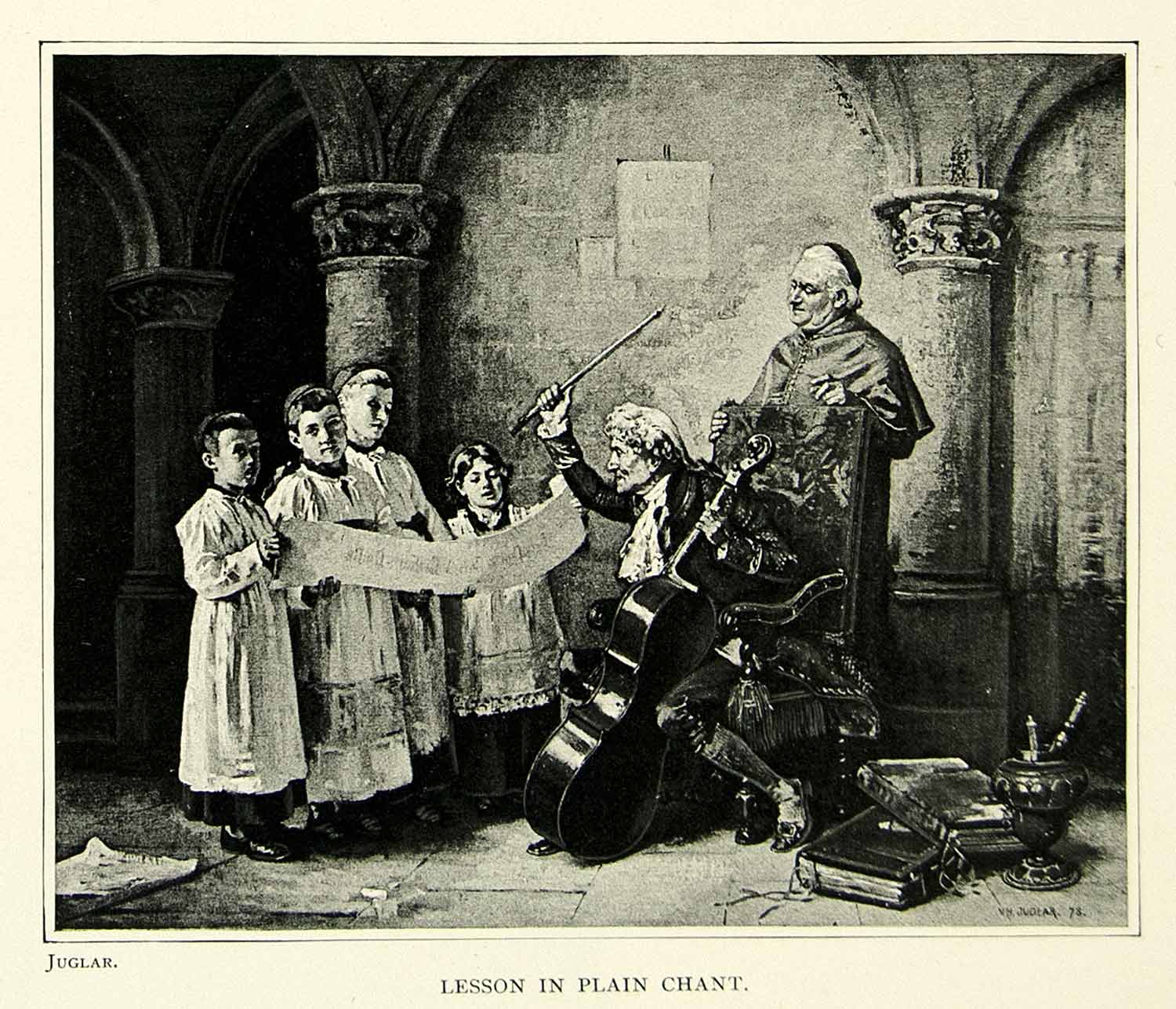 1895 Print Choirboys Lesson in Plain Chant Music Priest Victor-Henri Juglar Art