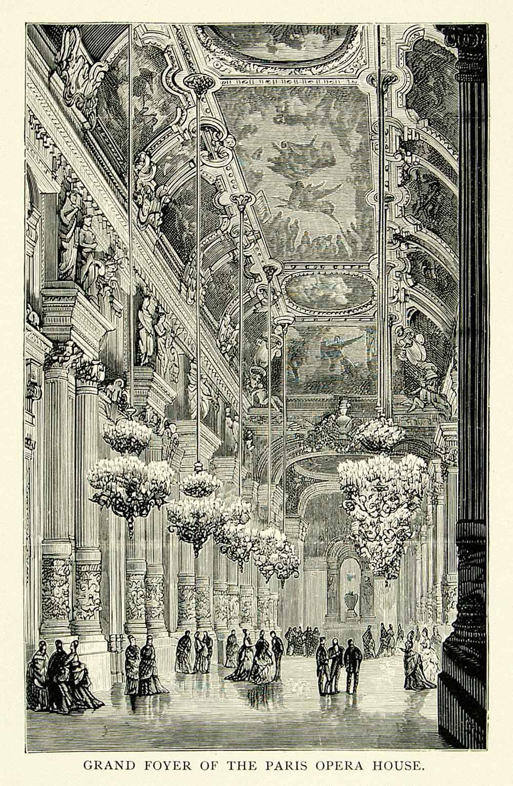 1895 Wood Engraving Palais Garnier Grand Foyer Paris Opera House Architecture - Period Paper
