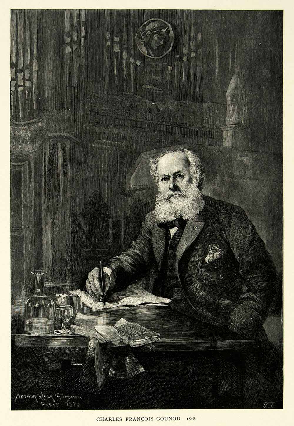 1895 Wood Engraving Charles Francois Gounod Portrait French Composer Music Desk