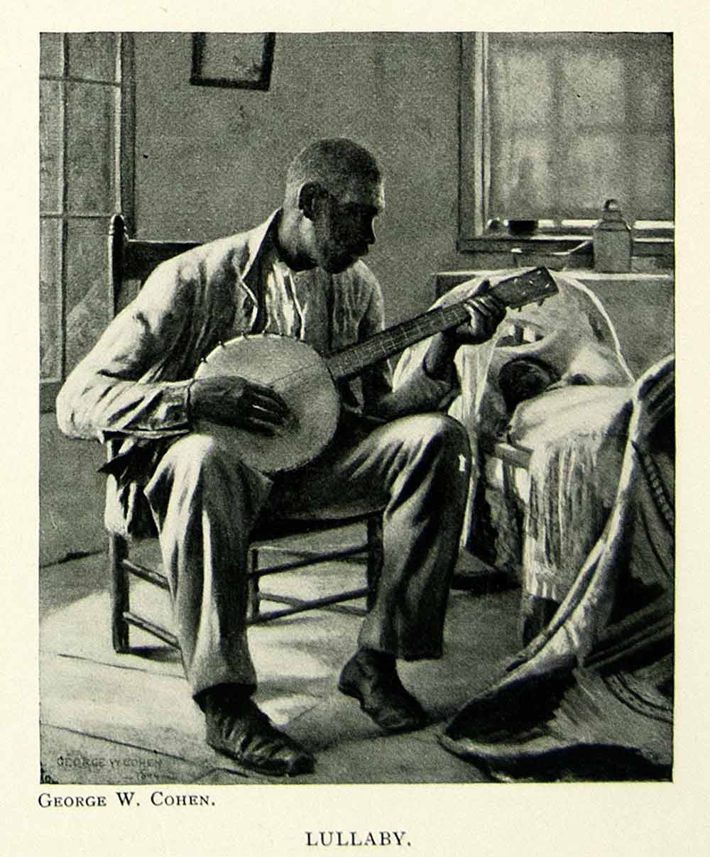 1895 Print Lullaby Black Americana Baby Father Banjo Music George W. Cohen Art