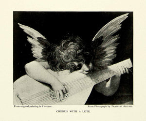 1895 Print Cherub With Lute Renaissance Art Angel Wings Music Song Instrument